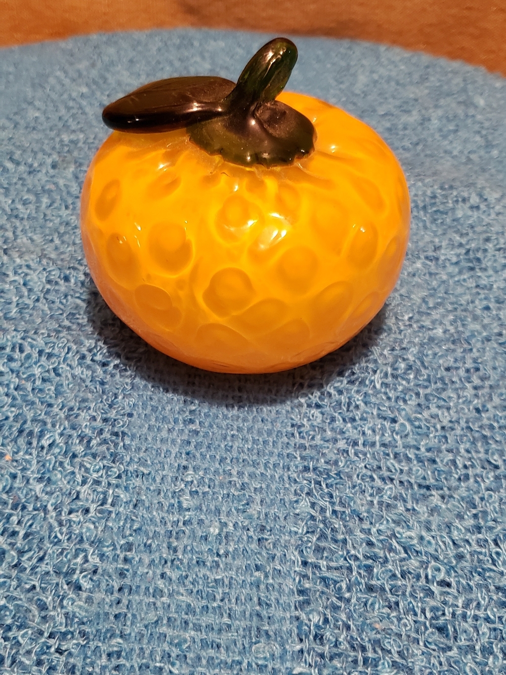 Glass Tangerine Fruit Figurine with Green Stem
